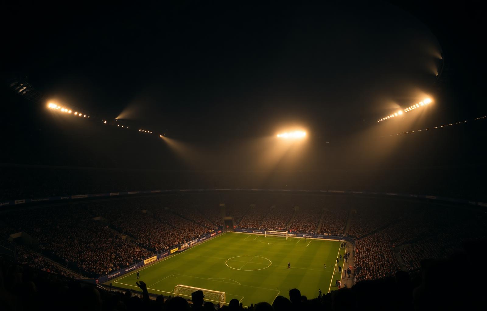 Floodlit stadium at night, supporters in shadow