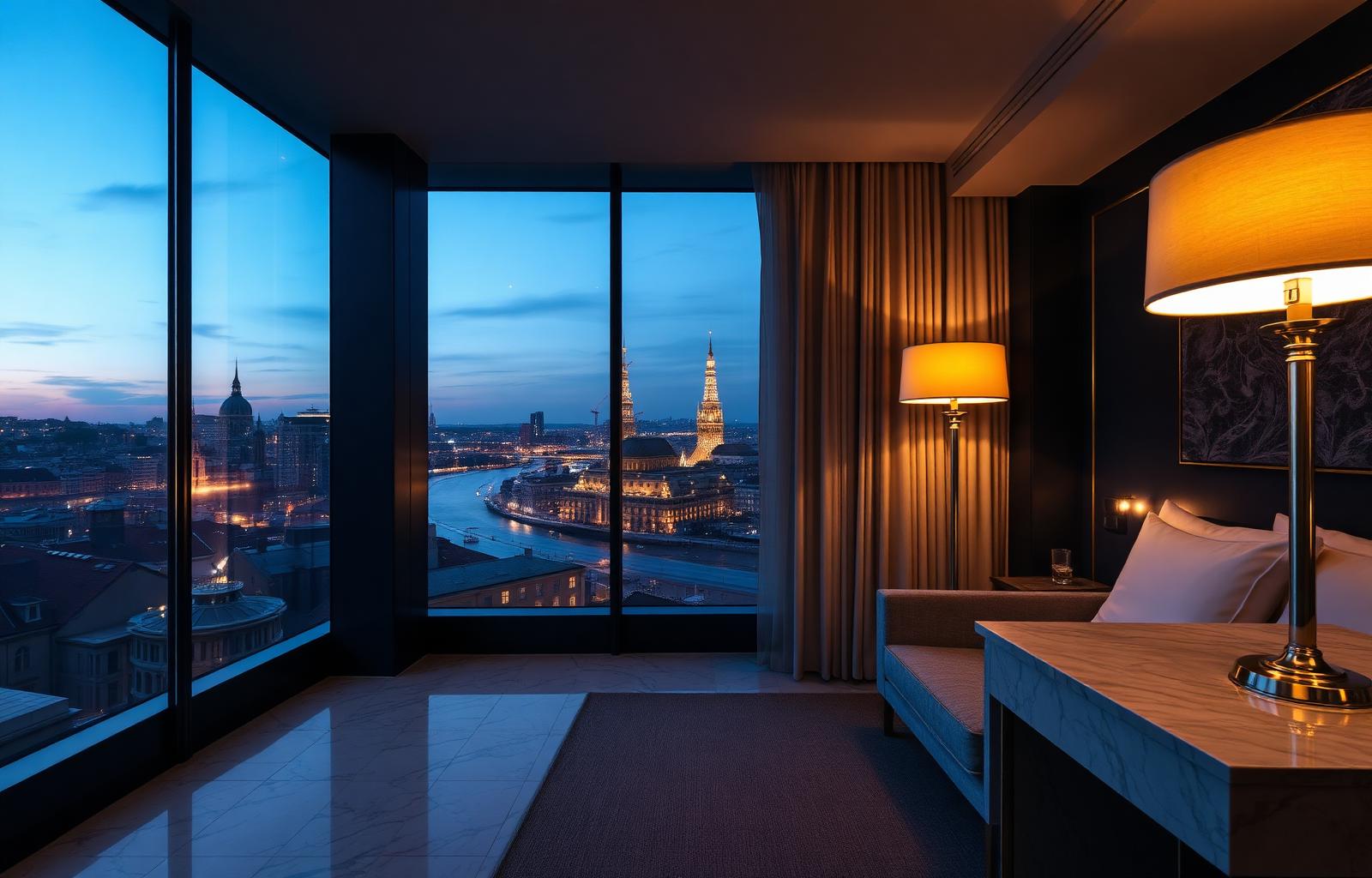 Luxury hotel suite at dusk overlooking a European skyline
